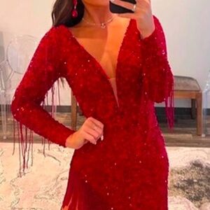 Red Sequin Fringe V-Neck Evening Dress